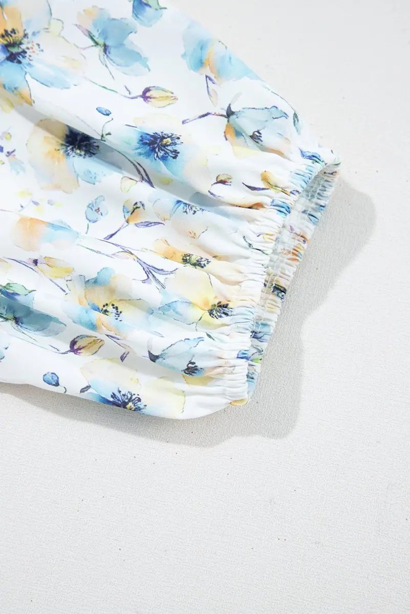 Sky Blue Stripe Three Quarter Floral Puff Sleeve Patchwork Drop Shoulder Top - Love Salve